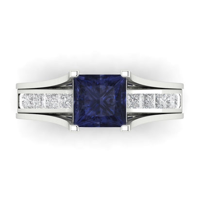 2.28 cttw Princess Cut Simulated Blue Sapphire Bridal Set - Solid White Gold Engagement Ring & Wedding Band