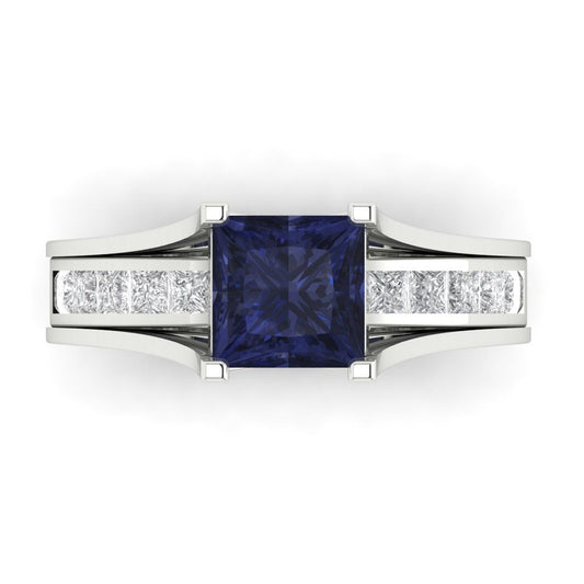 2.28 cttw Princess Cut Simulated Blue Sapphire Bridal Set - Solid White Gold Engagement Ring & Wedding Band