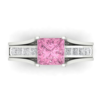 2.28 cttw Princess Cut Simulated Pink Diamond Bridal Set - Solid White Gold Engagement Ring & Wedding Band