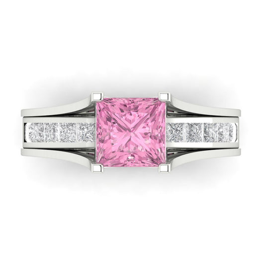 2.28 cttw Princess Cut Simulated Pink Diamond Bridal Set - Solid White Gold Engagement Ring & Wedding Band
