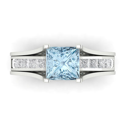 2.28 cttw Princess Cut Natural Aquamarine Bridal Set - Solid White Gold Engagement Ring & Wedding Band