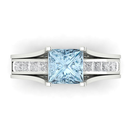 2.28 cttw Princess Cut Natural Aquamarine Bridal Set - Solid White Gold Engagement Ring & Wedding Band