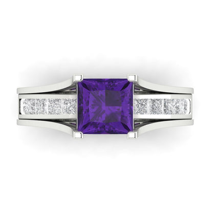 2.28 cttw Princess Cut Natural Amethyst Bridal Set - Solid White Gold Engagement Ring & Wedding Band