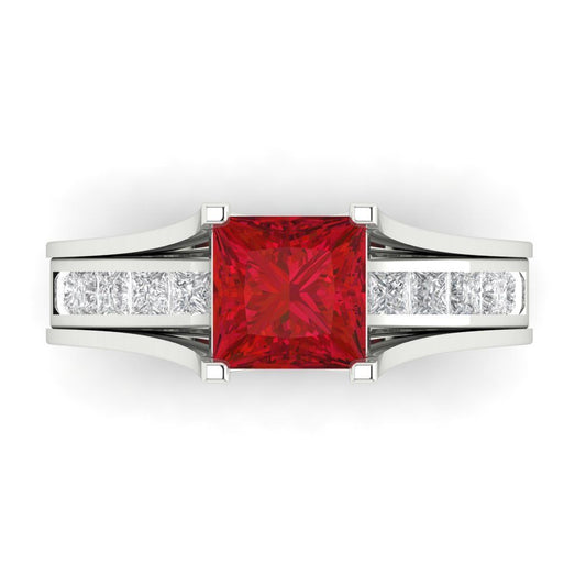 2.28 cttw Princess Cut Simulated Ruby Bridal Set - Solid White Gold Engagement Ring & Wedding Band