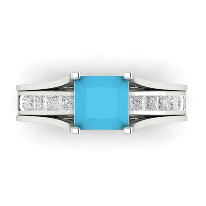 2.28 cttw Princess Cut Simulated Turquoise Bridal Set - Solid White Gold Engagement Ring & Wedding Band