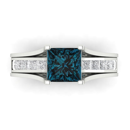 2.28 cttw Princess Cut Natural London Blue Topaz Bridal Set - Solid White Gold Engagement Ring & Wedding Band