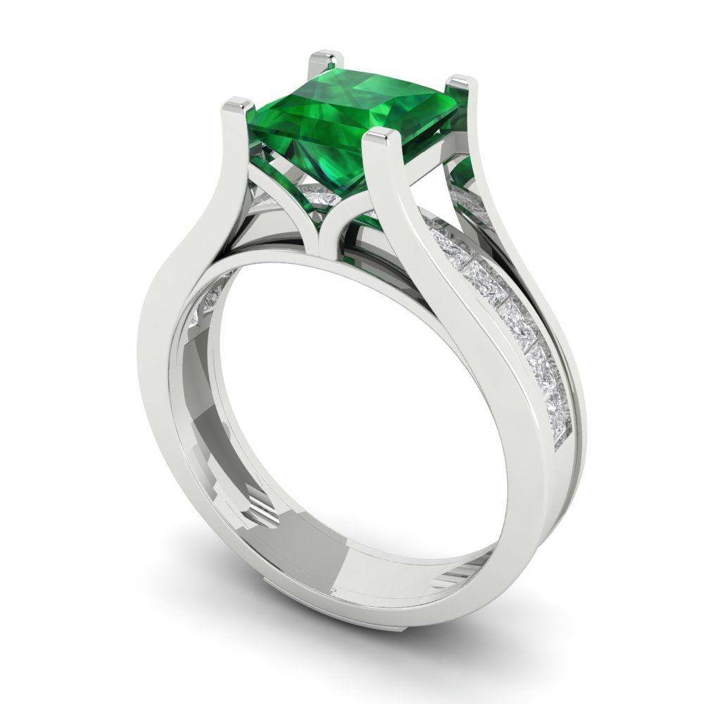 2.28 cttw Princess Cut Simulated Emerald Bridal Set - Solid White Gold Engagement Ring & Wedding Band