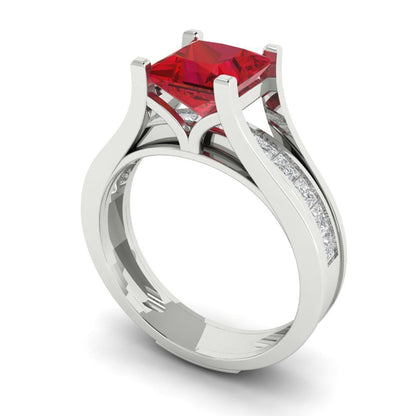 2.28 cttw Princess Cut Simulated Ruby Bridal Set - Solid White Gold Engagement Ring & Wedding Band