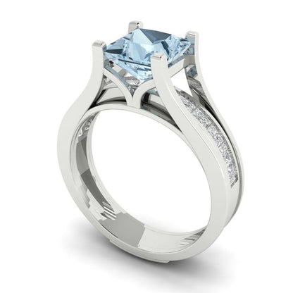 2.28 cttw Princess Cut Natural Swiss Blue Topaz Bridal Set - Solid White Gold Engagement Ring & Wedding Band