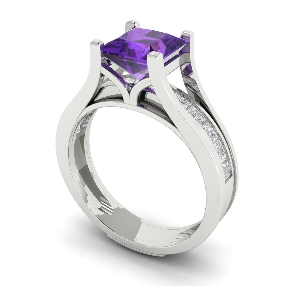 2.28 cttw Princess Cut Natural Amethyst Bridal Set - Solid White Gold Engagement Ring & Wedding Band