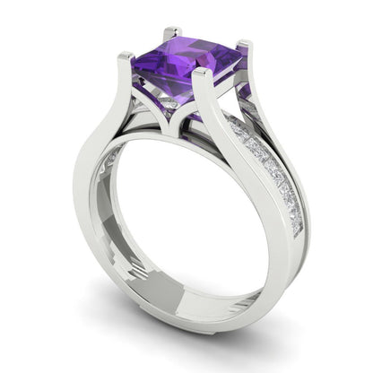 2.28 cttw Princess Cut Natural Amethyst Bridal Set - Solid White Gold Engagement Ring & Wedding Band