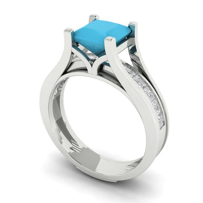 2.28 cttw Princess Cut Simulated Turquoise Bridal Set - Solid White Gold Engagement Ring & Wedding Band