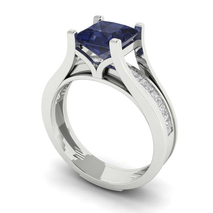 2.28 cttw Princess Cut Simulated Blue Sapphire Bridal Set - Solid White Gold Engagement Ring & Wedding Band