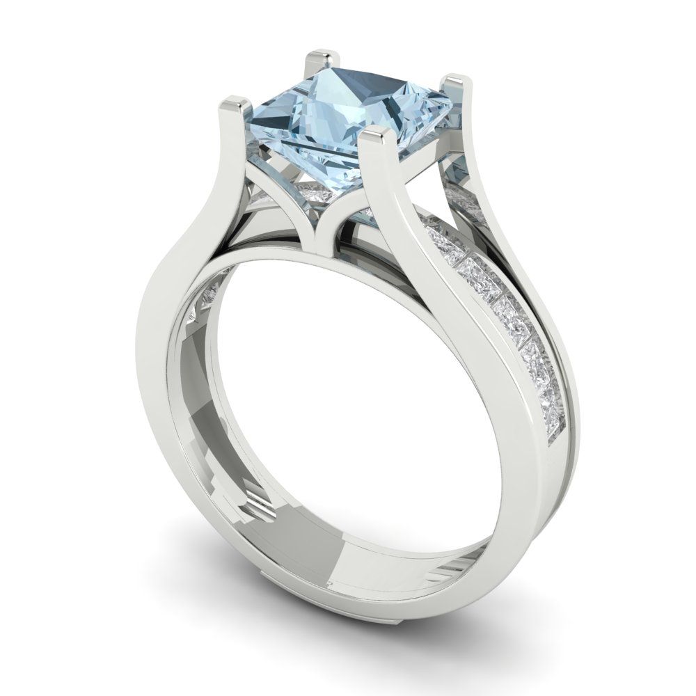 2.28 cttw Princess Cut Natural Aquamarine Bridal Set - Solid White Gold Engagement Ring & Wedding Band