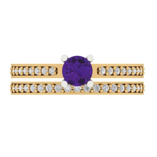 0.86 cttw Round Cut Natural Amethyst Bridal Set - Solid Yellow/White Gold Engagement Ring & Wedding Band