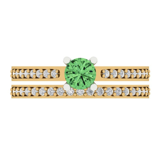 0.86 cttw Round Cut Simulated Green Diamond Bridal Set - Solid Yellow/White Gold Engagement Ring & Wedding Band