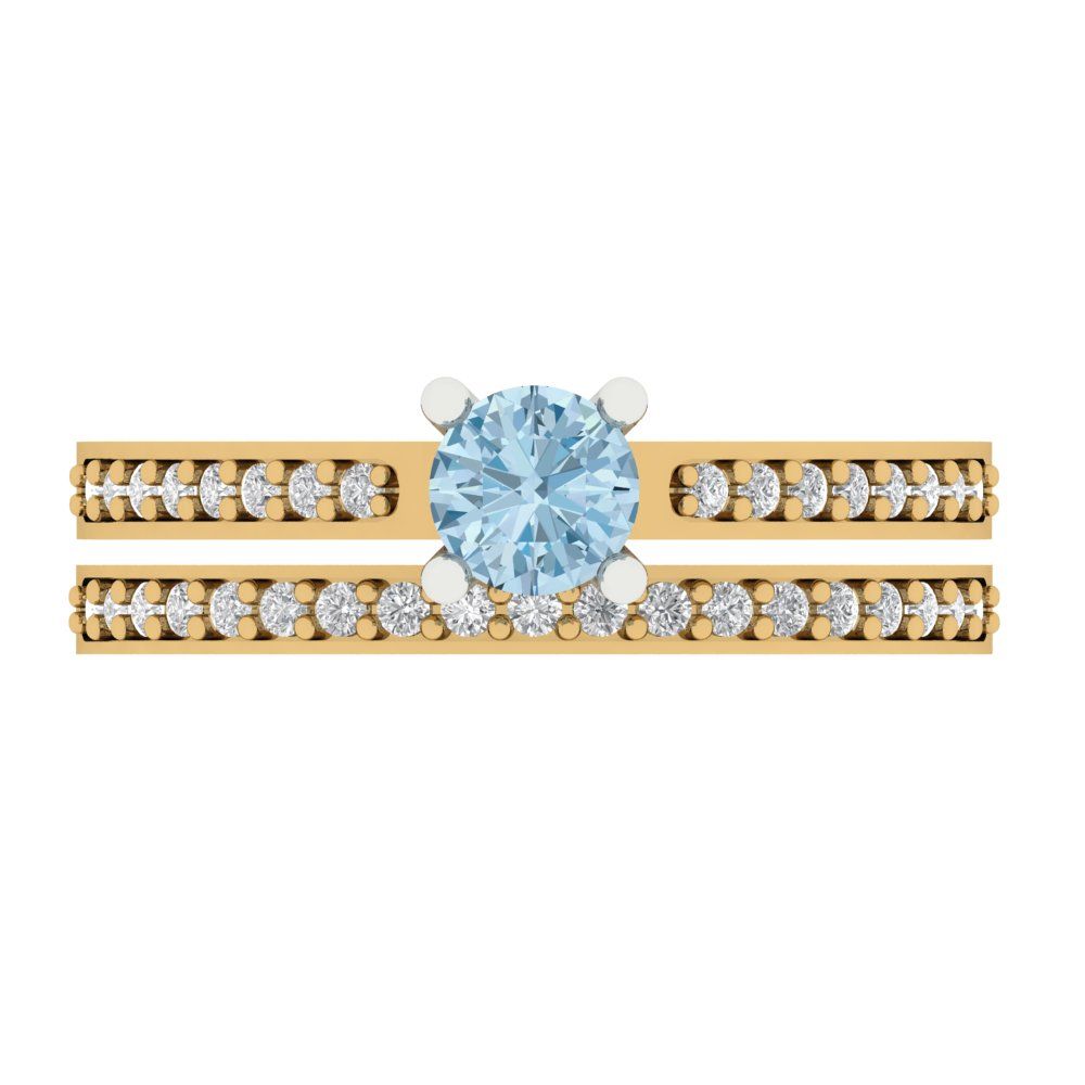 0.86 cttw Round Cut Natural Sky Blue Topaz Bridal Set - Solid Yellow/White Gold Engagement Ring & Wedding Band