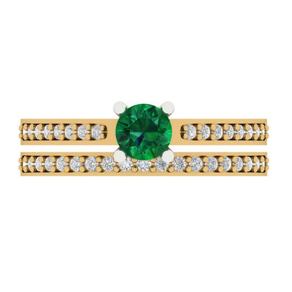 0.86 cttw Round Cut Simulated Emerald Bridal Set - Solid Yellow/White Gold Engagement Ring & Wedding Band