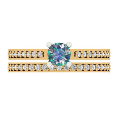 0.86 cttw Round Cut Blue Moissanite Bridal Set - Solid Yellow/White Gold Engagement Ring & Wedding Band