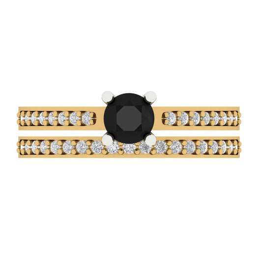 0.86 cttw Round Cut Natural Onyx Bridal Set - Solid Yellow/White Gold Engagement Ring & Wedding Band