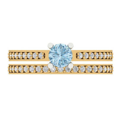 0.86 cttw Round Cut Simulated Blue Diamond Bridal Set - Solid Yellow/White Gold Engagement Ring & Wedding Band