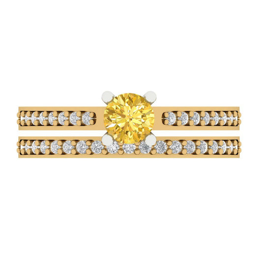 0.86 cttw Round Cut Natural Citrine Bridal Set - Solid Yellow/White Gold Engagement Ring & Wedding Band