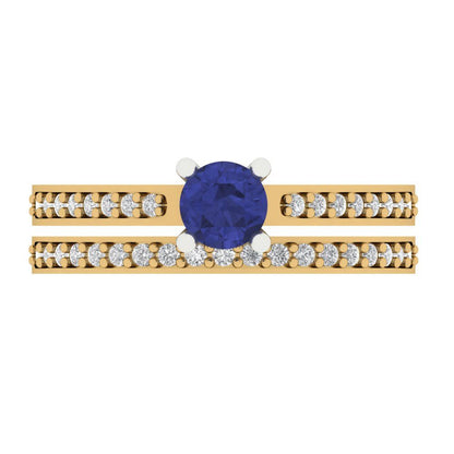 0.86 cttw Round Cut Simulated Tanzanite Bridal Set - Solid Yellow/White Gold Engagement Ring & Wedding Band