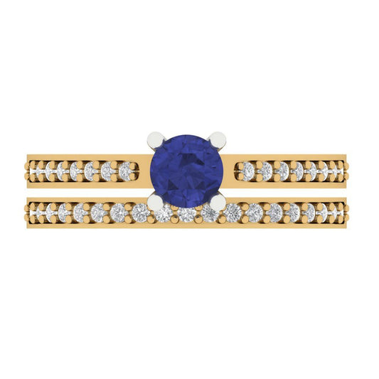 0.86 cttw Round Cut Simulated Tanzanite Bridal Set - Solid Yellow/White Gold Engagement Ring & Wedding Band