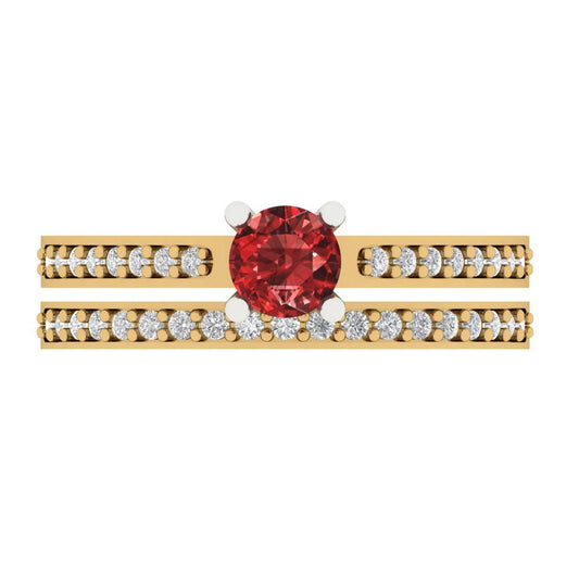 0.86 cttw Round Cut Natural Garnet Bridal Set - Solid Yellow/White Gold Engagement Ring & Wedding Band