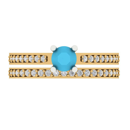 0.86 cttw Round Cut Simulated Turquoise Bridal Set - Solid Yellow/White Gold Engagement Ring & Wedding Band