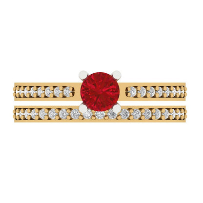 0.86 cttw Round Cut Simulated Pink Tourmaline Bridal Set - Solid Yellow/White Gold Engagement Ring & Wedding Band