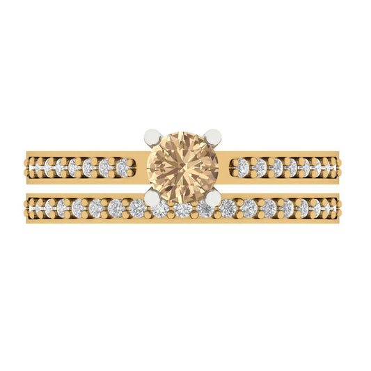 0.86 cttw Round Cut Yellow Moissanite Bridal Set - Solid Yellow/White Gold Engagement Ring & Wedding Band
