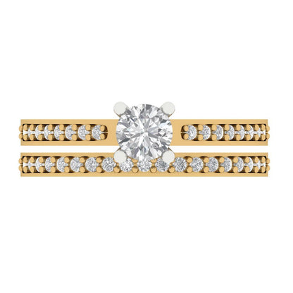 0.86 cttw Round Cut White Sapphire Bridal Set - Solid Yellow/White Gold Engagement Ring & Wedding Band
