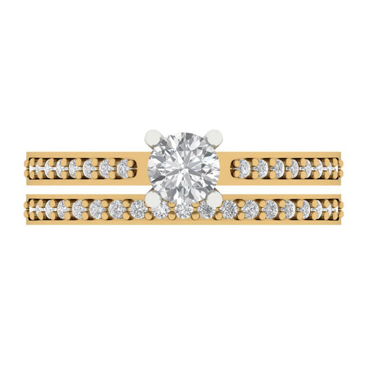 0.86 cttw Round Cut White Sapphire Bridal Set - Solid Yellow/White Gold Engagement Ring & Wedding Band