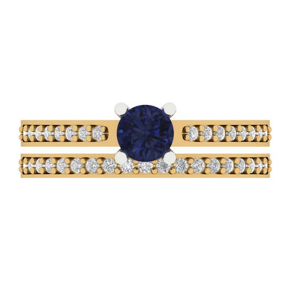 0.86 cttw Round Cut Simulated Blue Sapphire Bridal Set - Solid Yellow/White Gold Engagement Ring & Wedding Band
