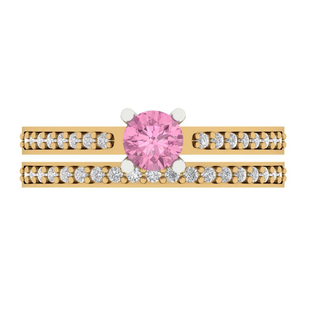 0.86 cttw Round Cut Simulated Pink Diamond Bridal Set - Solid Yellow/White Gold Engagement Ring & Wedding Band