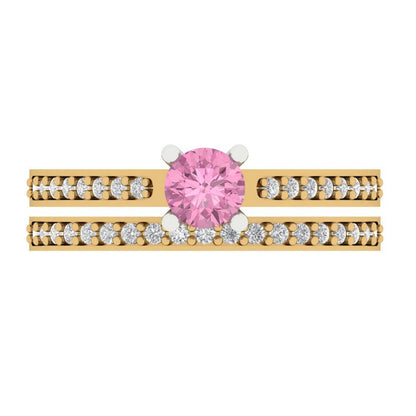 0.86 cttw Round Cut Simulated Pink Diamond Bridal Set - Solid Yellow/White Gold Engagement Ring & Wedding Band