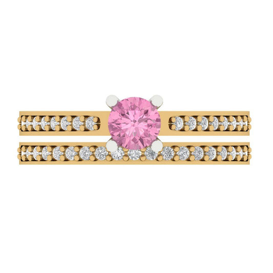 0.86 cttw Round Cut Simulated Pink Diamond Bridal Set - Solid Yellow/White Gold Engagement Ring & Wedding Band