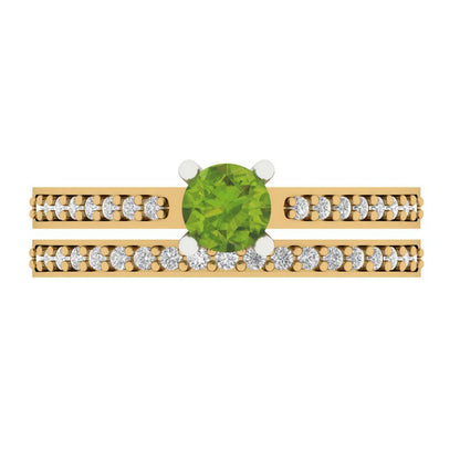 0.86 cttw Round Cut Natural Peridot Bridal Set - Solid Yellow/White Gold Engagement Ring & Wedding Band