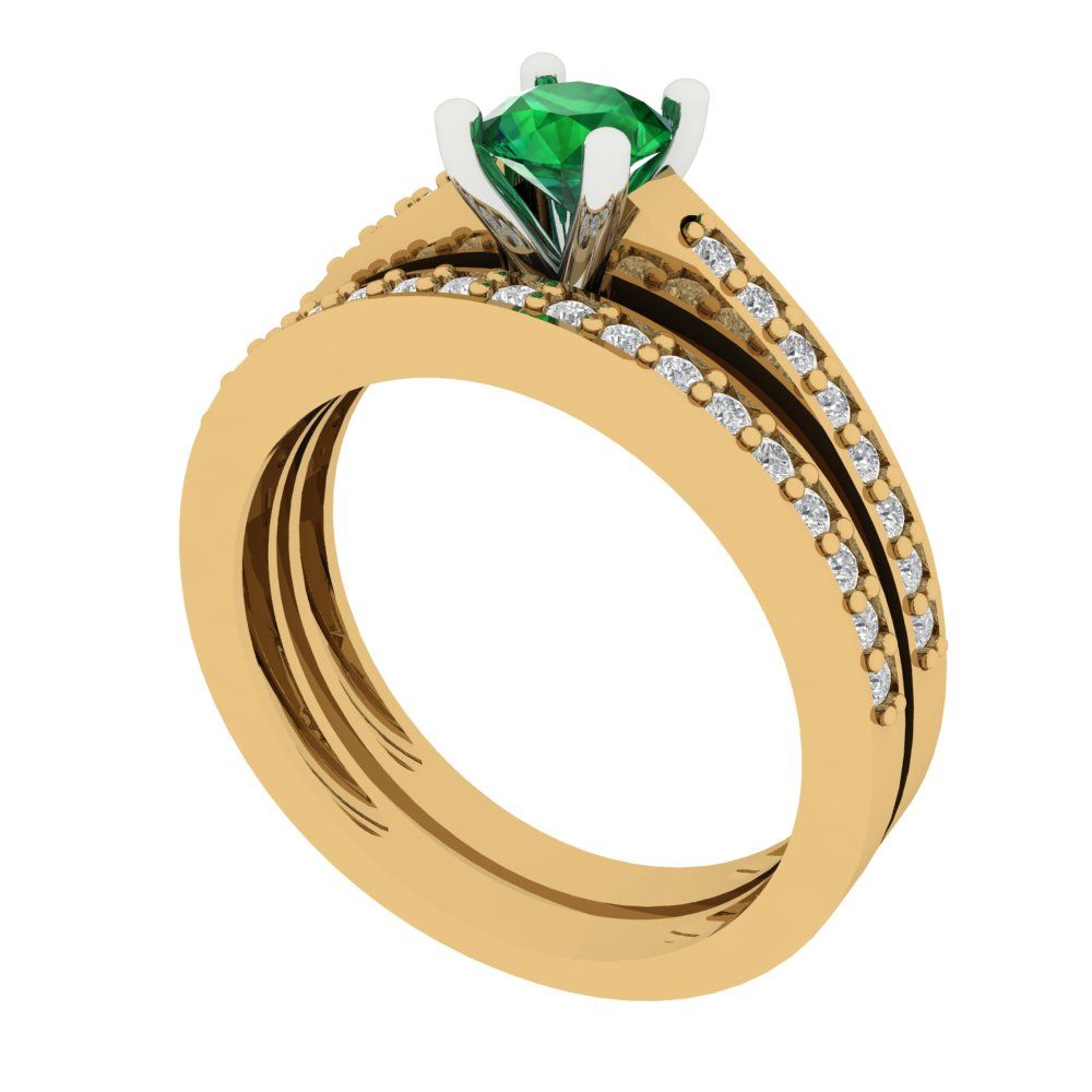 0.86 cttw Round Cut Simulated Emerald Bridal Set - Solid Yellow/White Gold Engagement Ring & Wedding Band