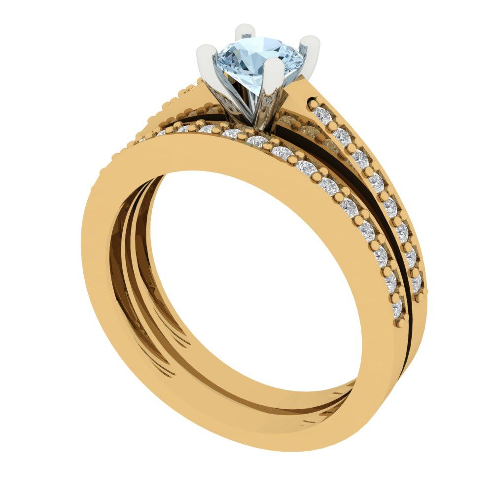 0.86 cttw Round Cut Natural Aquamarine Bridal Set - Solid Yellow/White Gold Engagement Ring & Wedding Band