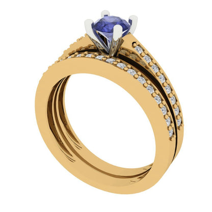 0.86 cttw Round Cut Simulated Tanzanite Bridal Set - Solid Yellow/White Gold Engagement Ring & Wedding Band