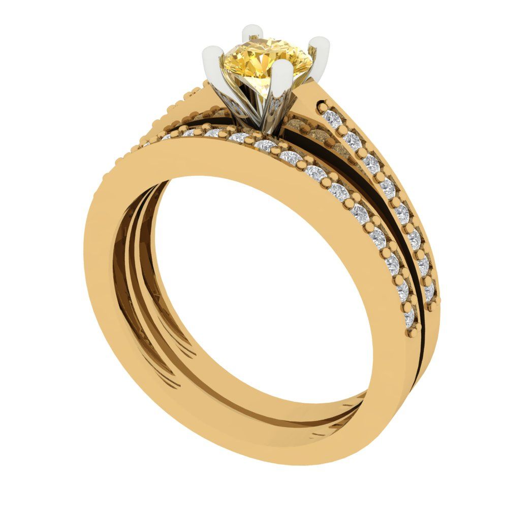 0.86 cttw Round Cut Yellow Moissanite Bridal Set - Solid Yellow/White Gold Engagement Ring & Wedding Band