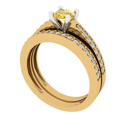0.86 cttw Round Cut Yellow Moissanite Bridal Set - Solid Yellow/White Gold Engagement Ring & Wedding Band