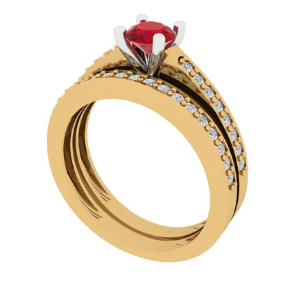 0.86 cttw Round Cut Simulated Pink Tourmaline Bridal Set - Solid Yellow/White Gold Engagement Ring & Wedding Band