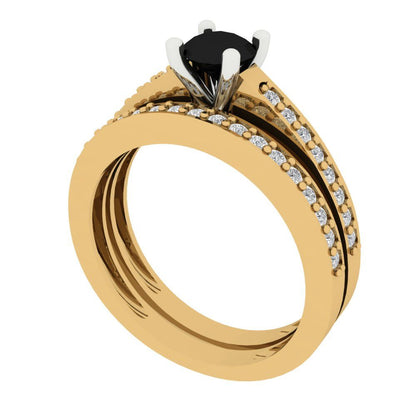 0.86 cttw Round Cut Natural Onyx Bridal Set - Solid Yellow/White Gold Engagement Ring & Wedding Band