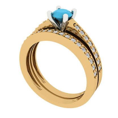 0.86 cttw Round Cut Simulated Turquoise Bridal Set - Solid Yellow/White Gold Engagement Ring & Wedding Band