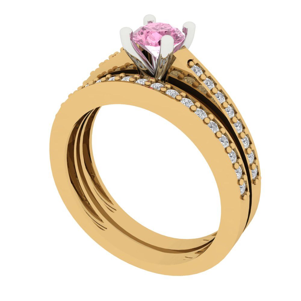 0.86 cttw Round Cut Simulated Pink Diamond Bridal Set - Solid Yellow/White Gold Engagement Ring & Wedding Band