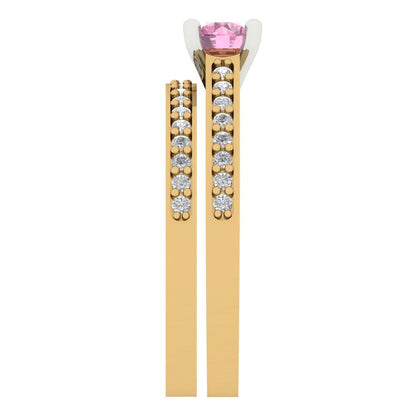 0.86 cttw Round Cut Simulated Pink Diamond Bridal Set - Solid Yellow/White Gold Engagement Ring & Wedding Band