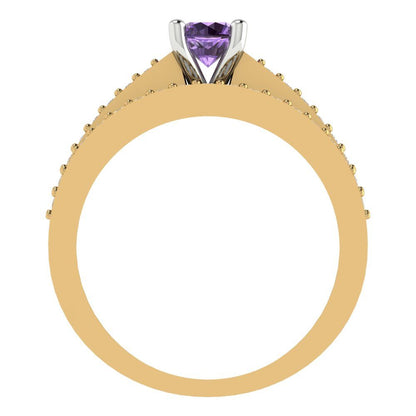 0.86 cttw Round Cut Simulated Alexandrite Bridal Set - Solid Yellow/White Gold Engagement Ring & Wedding Band